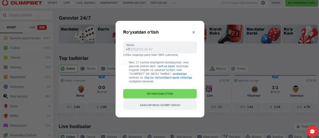 Olimpbetda ro'yxatdan o'tish
