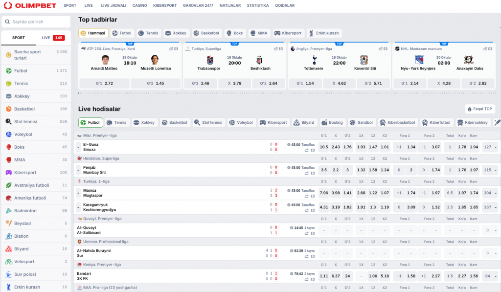 Olimpbet bukmeker kontorasi sport liniyasi: Top tadbirlar, sport turlari ro'yxati va live hodisalar koeffitsiyentlari